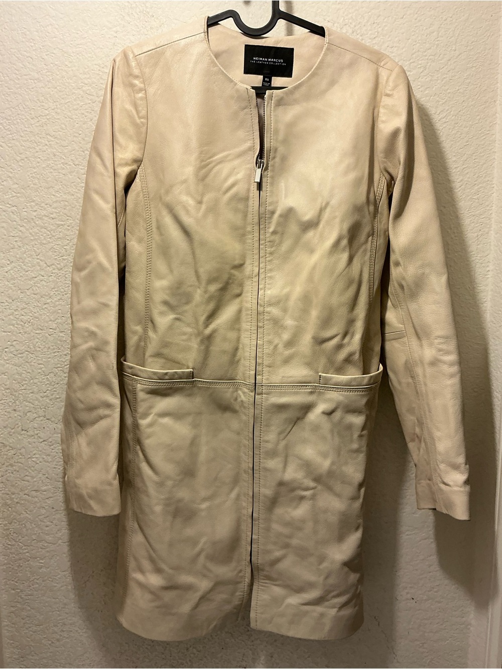 Neiman Marcus Cream Leather Longline Zip Coat